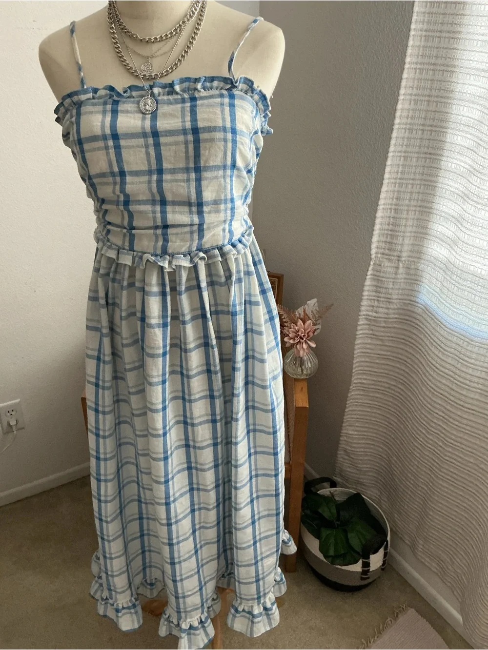 Max Studio Blue & White Plaid Ruffle Midi Dress - Picture 3 of 11